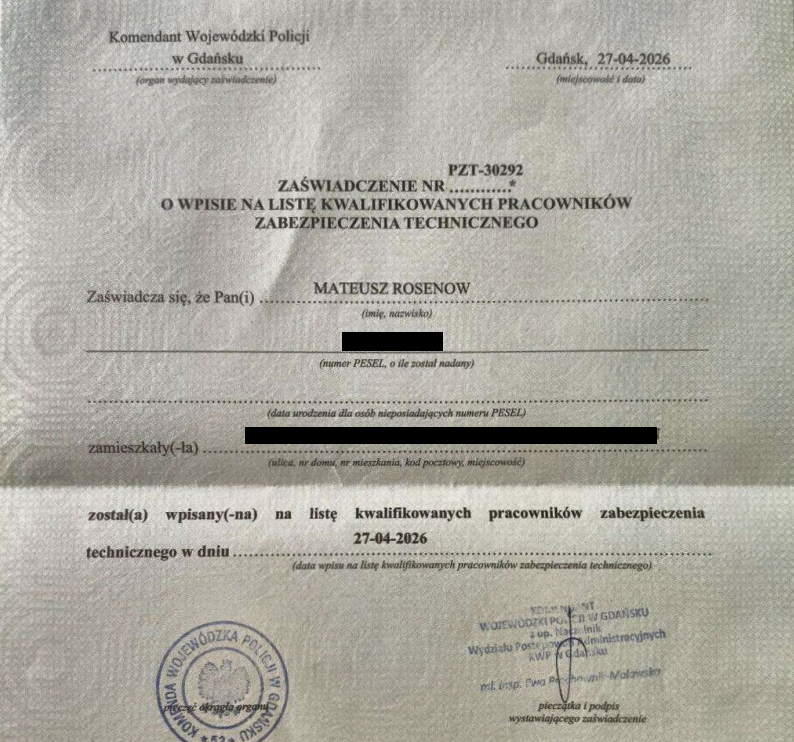 Zaświadczenie o wpisie na listę kwalifikowanych pracowników zabezpieczenia technicznego